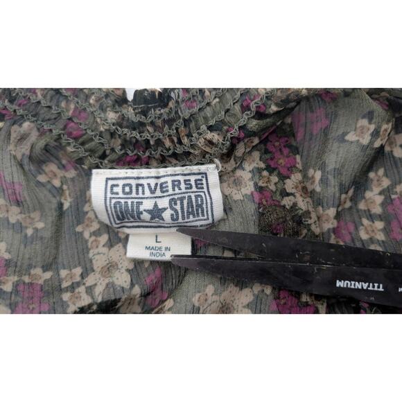 Converse women Floral Purple Brown short sleeve sheer trough Top blouse top sz L - Picture 6 of 10
